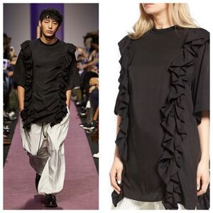 J KOO Black Ruffle Elongated Tee T-Shirt Top Mini Dress K-POP Designer Runway XS
